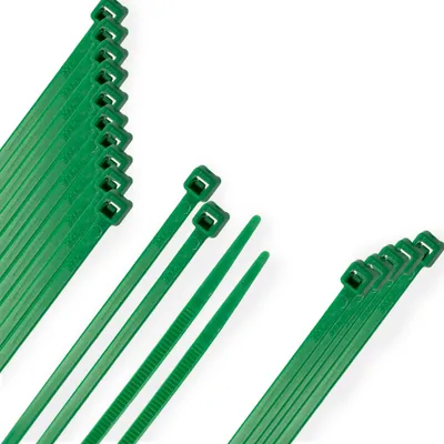 Obrázek produktu pro Příruba je vyrobena ze 100 % nylonu. Barva zelená 3,6 x 200 mm. Sáček po 100 kusech. Plastová svorka, organizér kabelů, vysoká odolnost