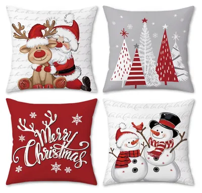 Kissenbezüge 45x45 cm, 4er-Set, rot-grau, Weihnachtsdeko, Plüsch