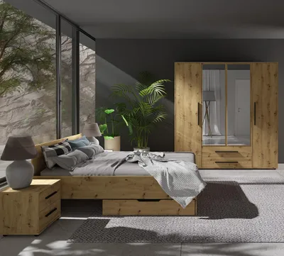 Produktbild von Schlafzimmer-Set mit 160x200 cm Bett & Kleiderschrank, Eiche mit schwarzen Griffen, modern, 6-teilig - MOLLERUSA-132