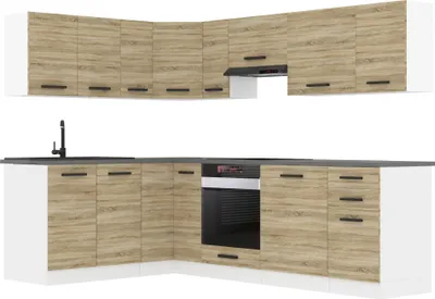 Image de Belini Kitchenette bloc cuisine forme L JANET Meubles de cuisine avec poignées, cuisine intégrée sans appareils électroménagers avec meubles hauts et bas, sans plans de travail, chêne Sonoma