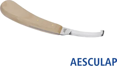 A close-up, studio shot of a hoof knife with a wooden handle and a curved metal blade, set against a plain white background. The brand name 'AESCULAP' is visible in the bottom right corner.