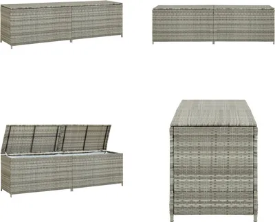 A collage of four images showing a grey poly rattan garden storage box from different angles, including one with the lid open.