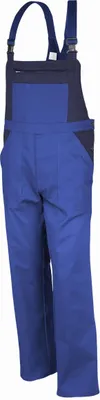 A pair of blue and navy bib overalls shown against a white background.