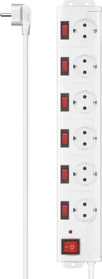 A white power strip with multiple outlets and individual switches, connected to a white power cord and plug.