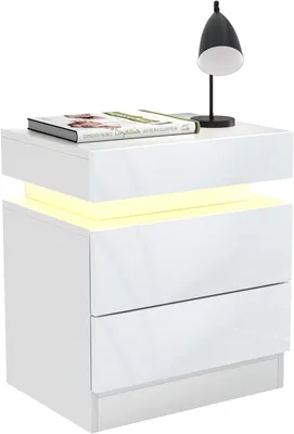 Produktbild von Weiß Nachttisch mit LED,Nachttische Hochglanz Front,Nachtkommode mit 2 Schubladen,mit1 Klappdeckel,Beistelltisch Sofatisch für Schlafzimmer 45x35x52cm