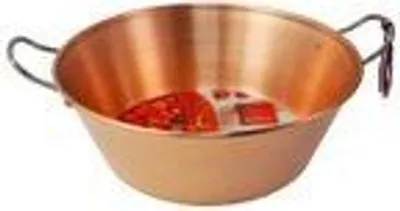 A copper pot with handles, containing some red food items.