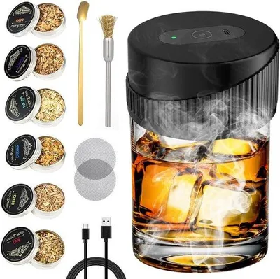 Obrázek produktu pro Sada elektrického udírny na koktejly s dřevěnými štěpkami – příslušenství k whisky – udírna na nápoje, maso a další – dárek pro otce, manžela