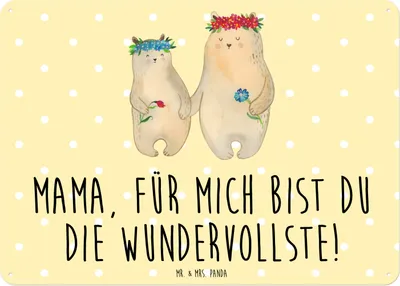 Produktbild von Mr. & Mrs. Panda Wandbild Bären mit Blumenkranz DIN A6 - Gelb Pastell - Geschenk, Familie, Dekoschild, Bruder, tafel, Blechschild, wandtafel, Schild, Kinder, Türschild