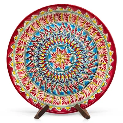 Produktbild von Usbekische Lagan Risсhtan Keramik Ø 37 cm Muster rot MIX Glasur Teller Handarbeit