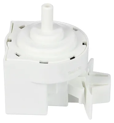 A white pressure switch for a washing machine.