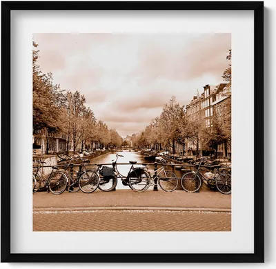 Produktbild von Ansicht von Amsterdam mit Fahrrädern– Wandbild mit Rahmen – Gerahmtes Bild  – Wanddekoration – 50x50 cm –  Schwarz Rahmen