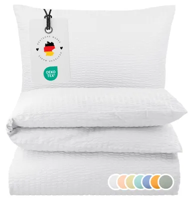 Produktbild von Seersucker Bettwäsche 155x220 Einfarbig Weiß Uni weiße Bettwäsche Sommer Bettbezug 155 x 220 - Bügelfrei