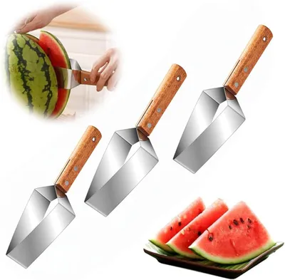 Produktbild von 3er-Set Wassermelonenschneider aus Edelstahl, manueller Obstschneider, dreieckig, spülmaschinengeeignet, für Melonen & Kürbisse