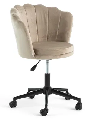 Produktbild von 360° drehbarer Stuhl aus Samt mit Muschel-Rückenlehne, höhenverstellbar, Metallgestell und Rollen für Büro, Arbeitszimmer, Schlafzimmer – Polly/Beige