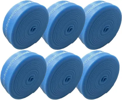 Six rolls of blue insulation material are arranged in two rows of three.