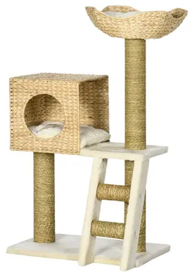 Obrázek produktu pro Kočičí škrábací strom s domečkem a pelíškem | Barva: bílá/hnědá | Rozměry: 37x57x100,5 cm