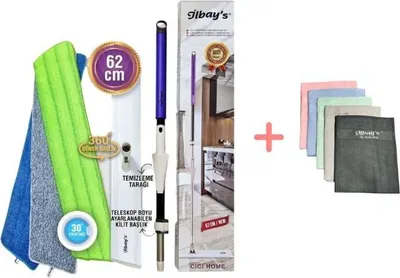 A product image showing a mop and cleaning cloths, along with packaging and marketing graphics.