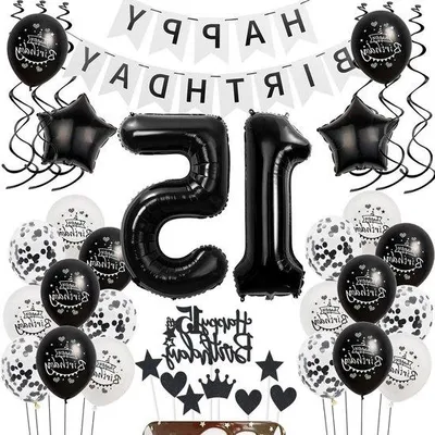 Immagine prodotto di Decorazioni di compleanno in bianco e nero per bambine e bambini con palloncini e accessori per la torta