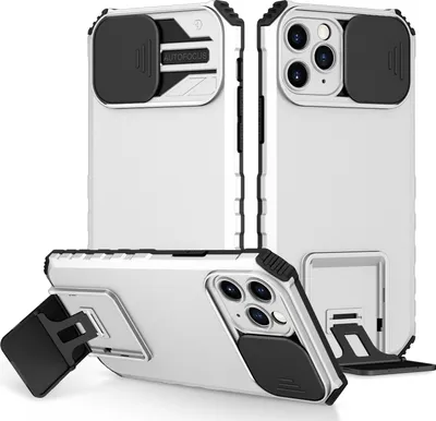 Multiple views of a white iPhone case with black accents, including a sliding camera cover and a kickstand.