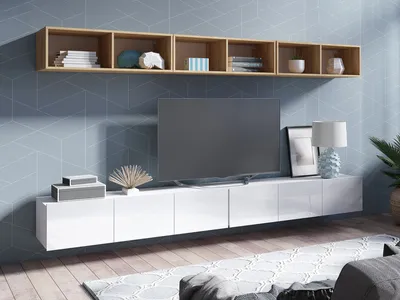 Produktbild von Wohnwand CALABRINI-33 Wohnzimmer-Set Hängewohnwand Schrankwand Schrank TV-Schrank Moderne Anbauwand Hochglanz (Weiß / Goldene Eiche)