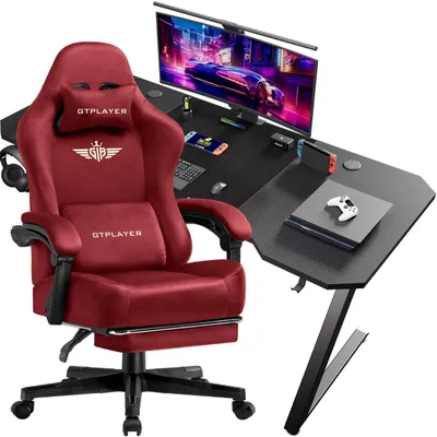 Obrázok produktu pre Súprava herného stola a stoličky – Z12 + GT829 – Ergonomická herná stolička – Počítačový stôl – Koža a uhlíkové vlákno – Moderný štýl – Červená