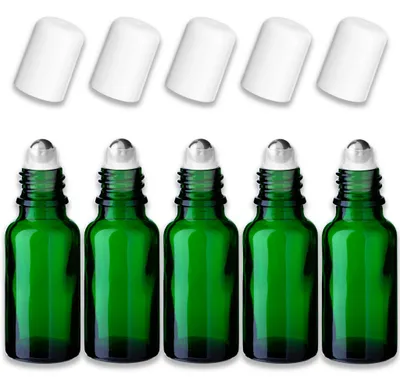 Produktbild von 5x Grüne Glasflasche 20 ml Roll-On mit weißem Verschluss – Stahlkugel