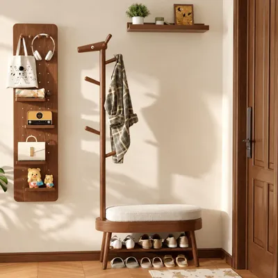 Schoenenbank mit Kleiderständer, Holz, 2 Ebenen, 7 Haken, Walnuss