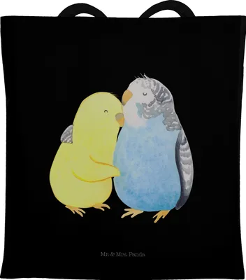 Produktbild von Mr. & Mrs. Panda Tote Bag Wellensittich Liebe - Schwarz - Geschenk, Kuscheln, Beutel, Laptoptasche, Vögel, Verknallt, Tasche, festivaltasche, Shopping, Jutebeutel