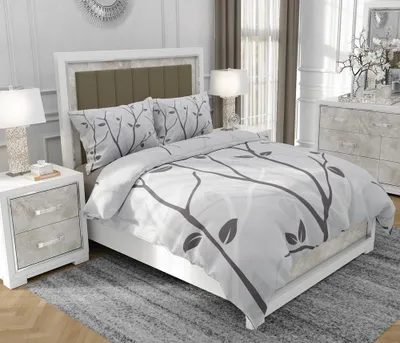 Produktbild von Bettwäsche 200x220 cm + 2x70x80 cm, 3-teilig, 100% Baumwolle, Satin, Reißverschluss, Baum, Grau - SOVIO | So.0006