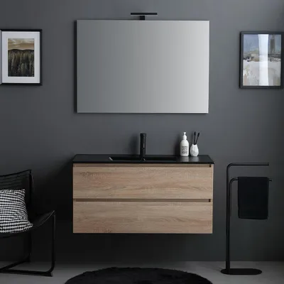 Immagine prodotto di Mobile bagno 100cm rovere con lavabo nero opaco e specchio con lampada | Berlin