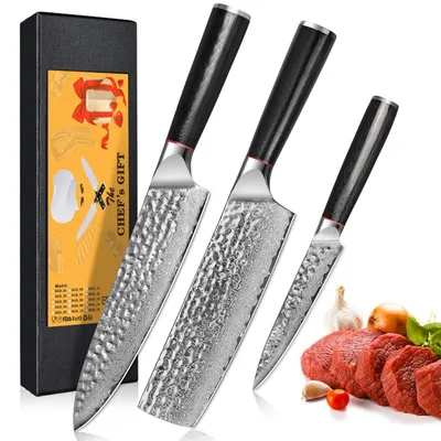 Küchenmesserset, 3 Stück, Kochmesser 19,3 cm, Nakiri 17,4 cm, Universal 12,5 cm
