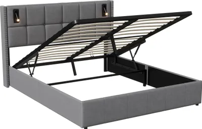 Zdjęcie produktu dla Łóżko tapicerowane ProximaX (140x200 cm), stelaż z listew, łóżko na sprężynach hydraulicznych z lampką do czytania, podwójne łóżko do przechowywania, aksamitna tapicerka, szare