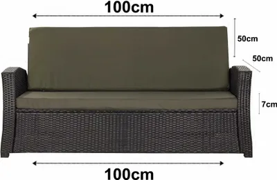 A front view of a green outdoor bench cushion on a dark woven bench base.