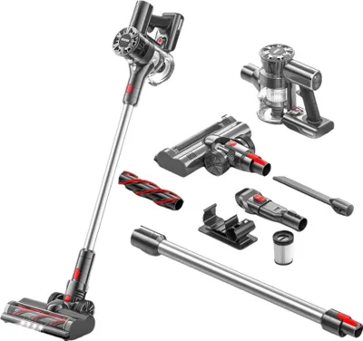 A collection of vacuum cleaner parts and accessories arranged on a white background.