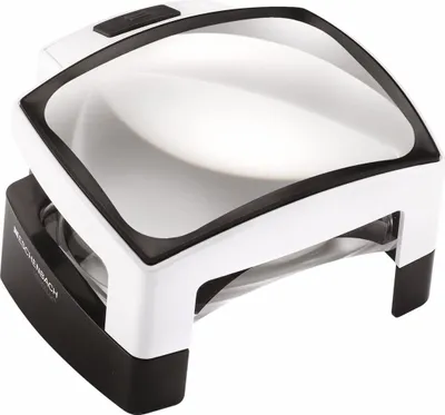 A white and black magnifying glass with a light.
