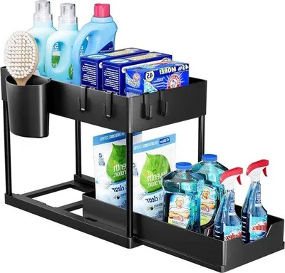 Obrázek produktu pro Úložný regál 2 úrovně s výsuvnou policí - Kuchyňské a koupelnové úložné prostory - Černá barva