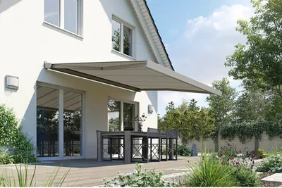 Produktbild von SOLUNA Kassettenmarkise Modern 2,5x1,5 Stoff Dessin 320925 Gestell RAL 9007 graualuminium links inkl.Motor und Wandschal