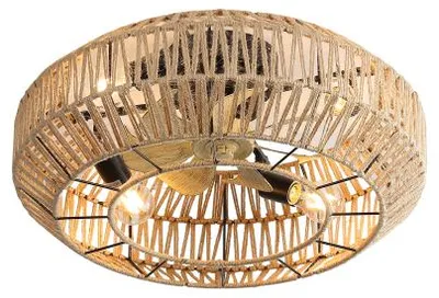 A close-up, low-angle shot of a ceiling fan and light fixture with a natural fiber rope shade.