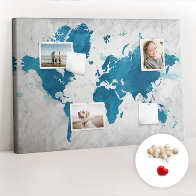 Obrázok produktu pre Korková tabuľa Tabuľa na poznámky Tabuľa na špendlíky - učebná pomôcka 100x70 cm - 100ks drevených kolíkov - Mapa sveta