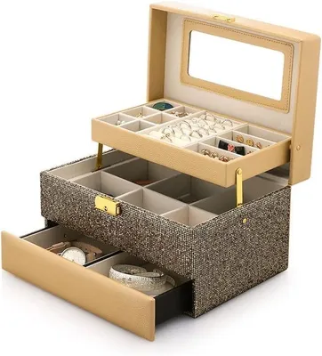 Image de Boîte de rangement pour bijoux - Coffret à bijoux - Rangement pour bijoux - Design à trois niveaux - 25 x 17,5 x 14,5 cm - Noir