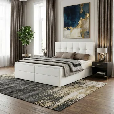 Produktbild von Boxspringbett AUREN 140x200 mit Bettkasten inkl. Bonellmatratze H3 und Topper – Polsterbett Stoff ASTI Weiß