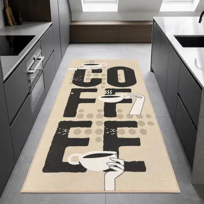 Image de Tapis de cuisine graphique, couleur beige, avec motif typographique "café" et illustration de tasses, dimensions : 67 x 180 cm