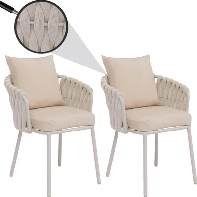 Produktbild von 2er-Set Aluminium-Esszimmerstuhl HWC-P89, Indoor Stuhl Armlehne, Stoff/Textil (180 g/m²) Seilgeflecht Rope  creme