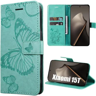 Image de Coque pour Xiaomi 15T, Protection Antichoc en Simili Cuir Motif Papillons - Vert