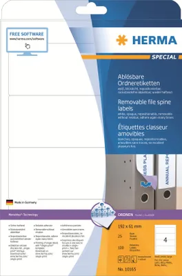 Zdjęcie produktu dla Etykiety do folderów HERMA A4 białe 192x61 mm usuwalne nieprzezroczyste 100 szt.