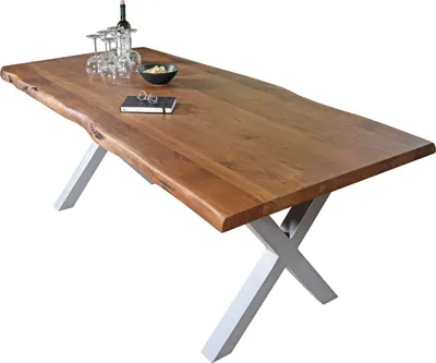 Produktbild von Esstisch Baumkante massiv Akazie Nussbaum 280 x 100 X-Gestell silber CALI