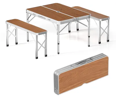 Produktbild von Camping Tisch mit Zwei Bänken - Faltbares Set im Holzdesign