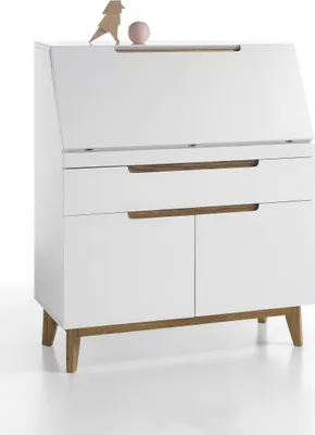 Produktbild von Sekretär Schreibtisch Schrank weiß matt MDF Asteiche furniert Massiv Klappe 97