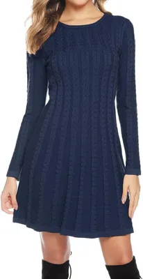 Produktbild von Gestricktes Damenkleid mit Rundhalsausschnitt, langen Ärmeln und einem gewebten Zopfmuster in Marineblau