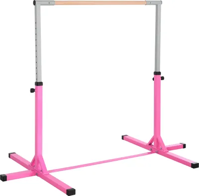 Produktbild von Gymnastik-Turnreck, 13-stufig höhenverstellbar Reckstange, Reck Turnstange aus Holz & stabile Stahlkonstruktion bis 75 kg belastbar, für 3+ Kinder, Indoor, Outdoor, Rosa